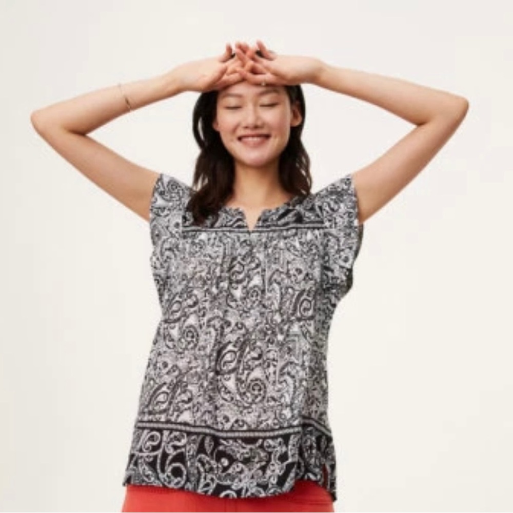 LOFT Pullover Short Flutter Sleeve Blouse Black White Paisley Petite LARGE Boho